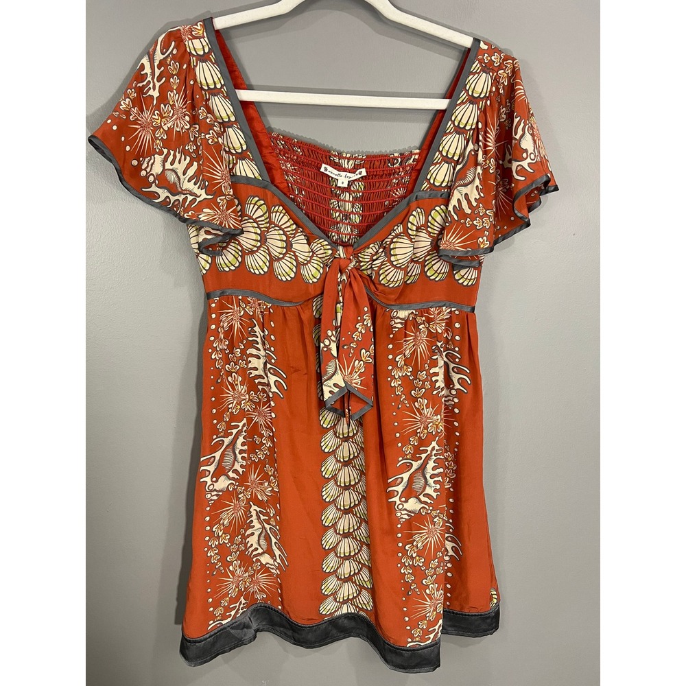 Nanette Lepore Silk Top Women 8 Orange Great Shell Print Empire Waist Tie Front